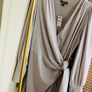 Express Gray Plunge Neck Wrap Dress with Bishop Sleeves